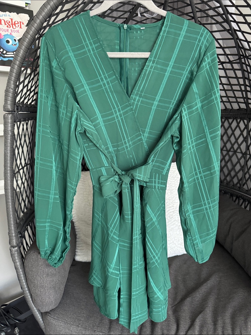 Women's Green Plaid Wrap Dress with Tie Waist